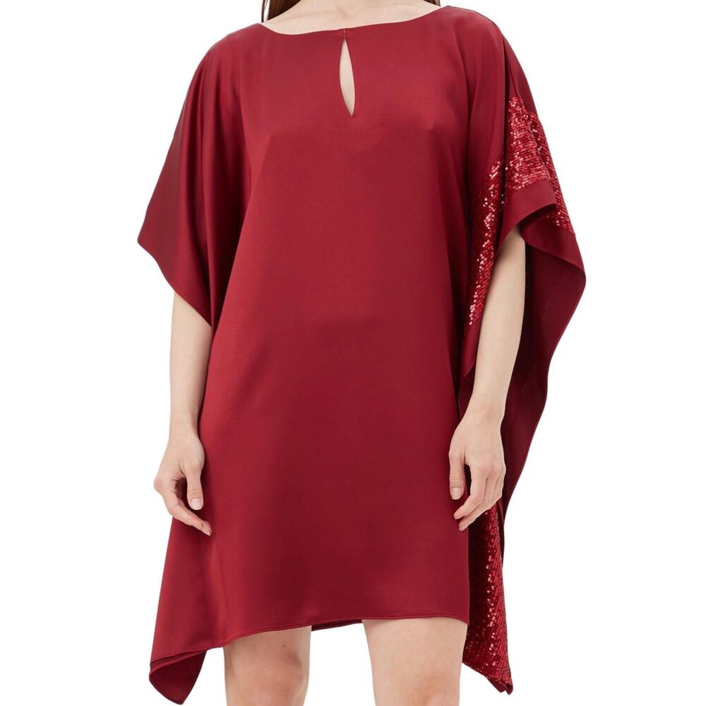 Trina Turk Renna Cape Keyhole Sequin Satin Cocktail Dress, M, Red | NEW $278 - Picture 1 of 5